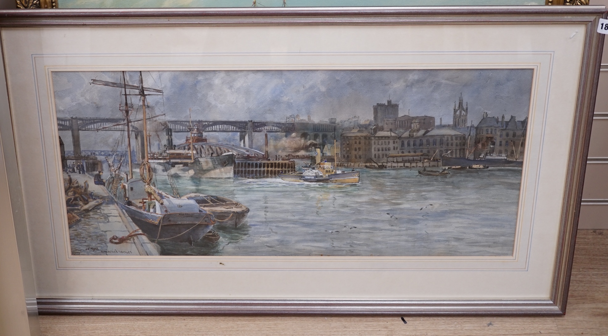 J.F. Muse, watercolour, 'Newcastle Bridges', signed and inscribed, 33 x 75cm. Condition - fair to good